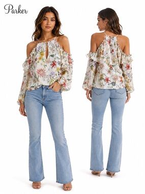 Parker 100% Silk Floral Cold Shoulder Blouse Medium Balloon Sleeve cottage core